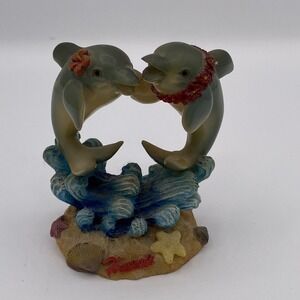 A Dolphin Couple Dancing on Ocean Waves Vtg Ceramic Hawaii Lei Flowers Beach